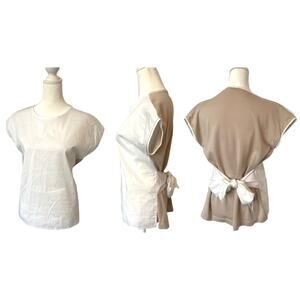 Peserico Sz 4 Italy White Top Contrasting Tie Back 100% Cotton Silver Trim Boxy